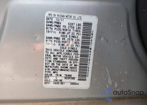 2012 Nissan Murano S z USA, uszkodzony, nr VIN JN8AZ1MW4CW215823